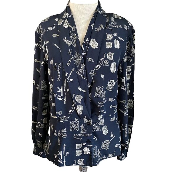 Liz Claiborne Tops - Liz Claiborne Collection Blouse Women's Size 6 Blue Button Up Alphabet Print